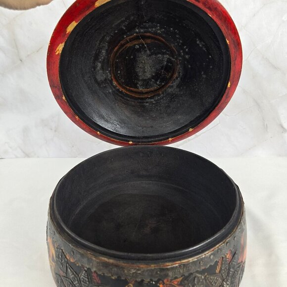 Vintage Round Middle Eastern Wooden Spice Box Hand Carved Hand Painted - Picture 15 of 16